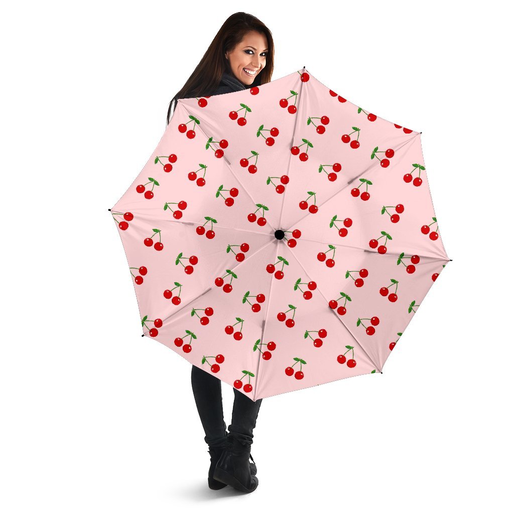 Cherry Pink Pattern Print Automatic Foldable Umbrella-grizzshop