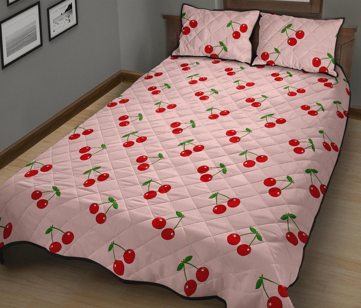 Cherry Pink Pattern Print Bed Set Quilt-grizzshop