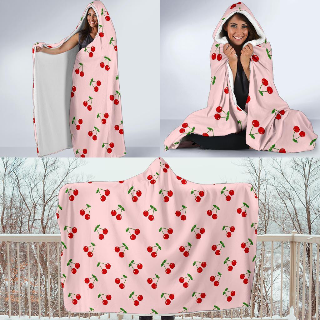 Cherry Pink Pattern Print Hooded Blanket-grizzshop