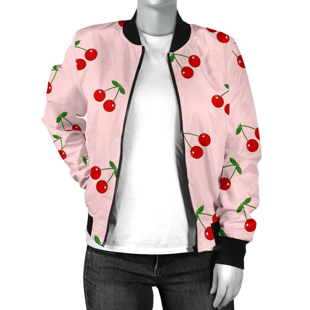 Cherry Pink Pattern Print Women Casual Bomber Jacket-grizzshop