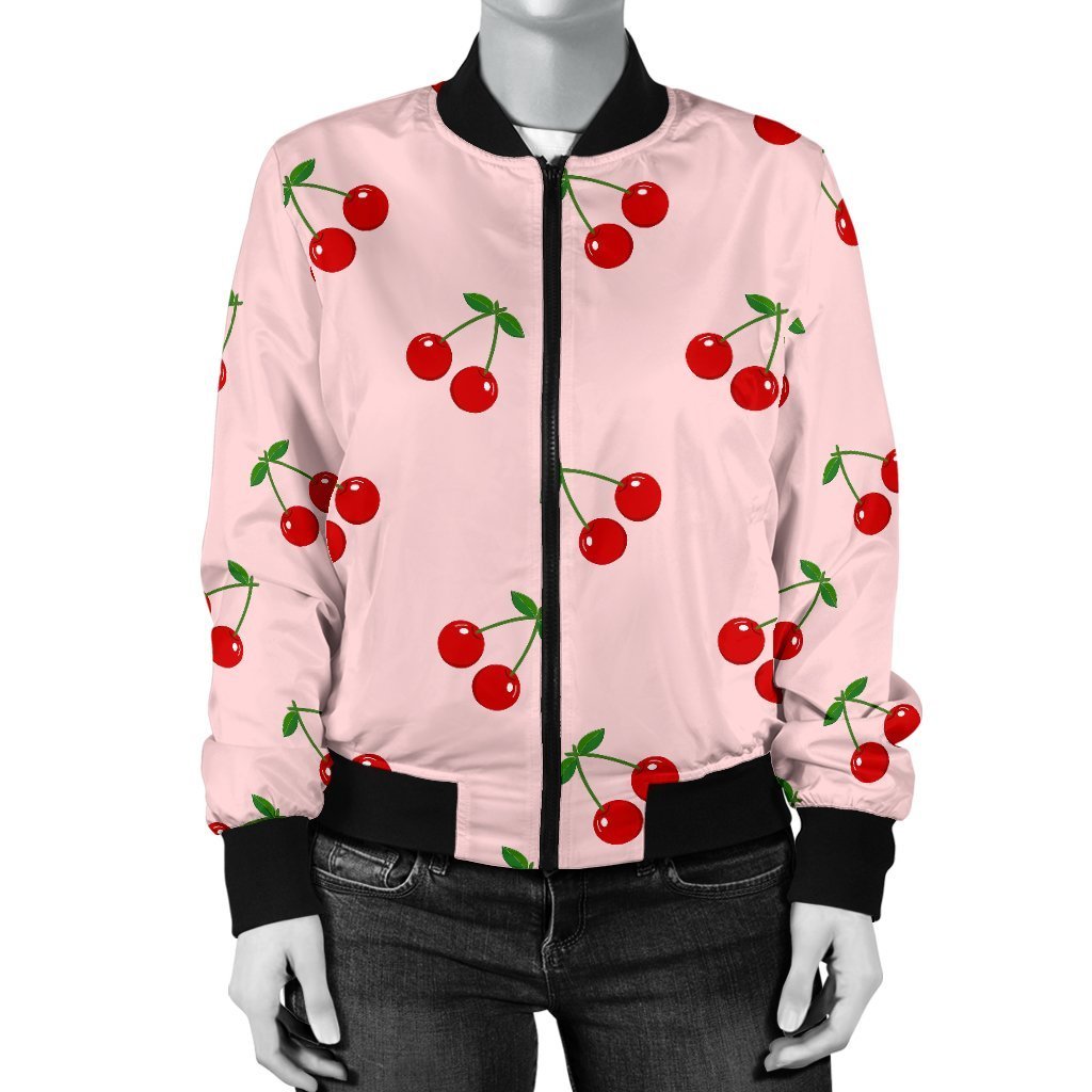 Cherry Pink Pattern Print Women Casual Bomber Jacket-grizzshop