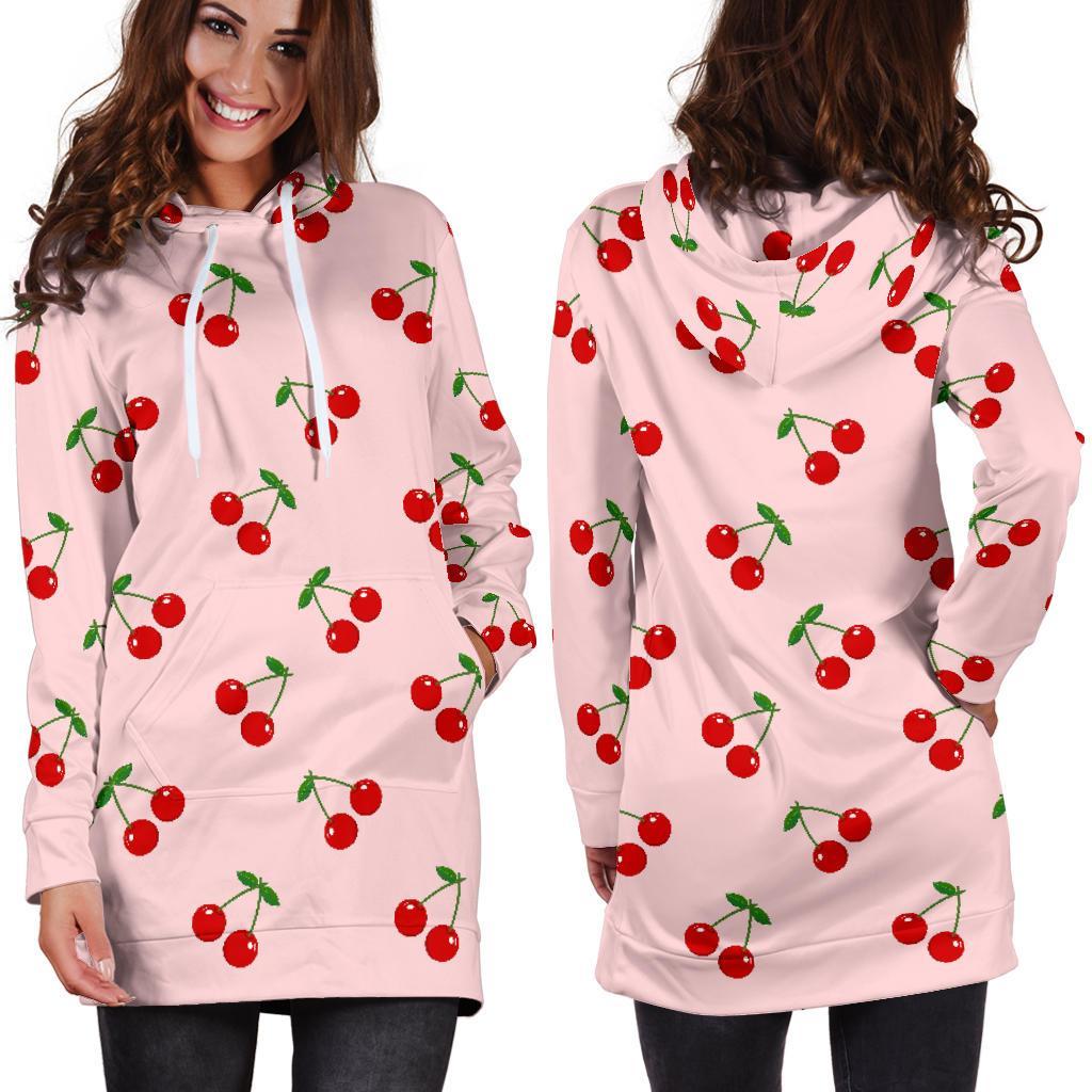 Cherry Pink Pattern Print Women Hoodie Dress-grizzshop