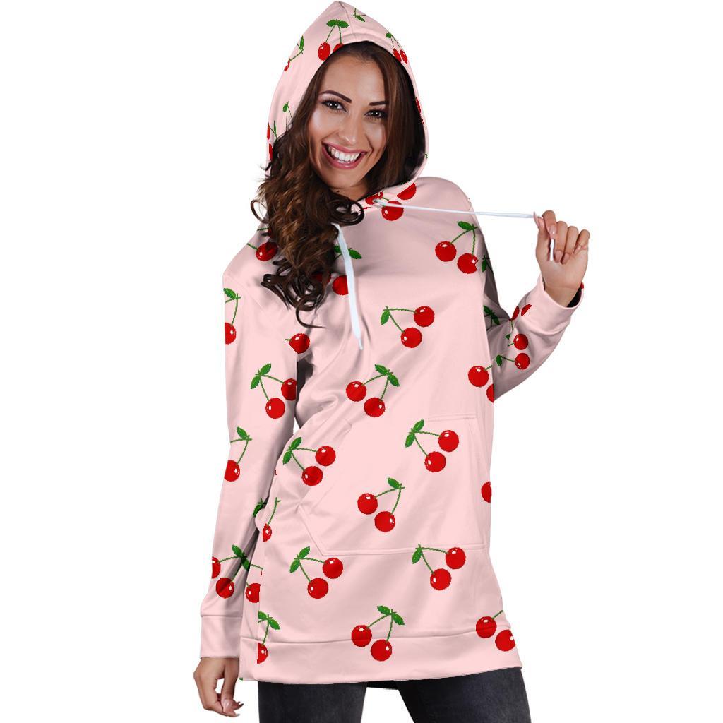 Cherry Pink Pattern Print Women Hoodie Dress-grizzshop