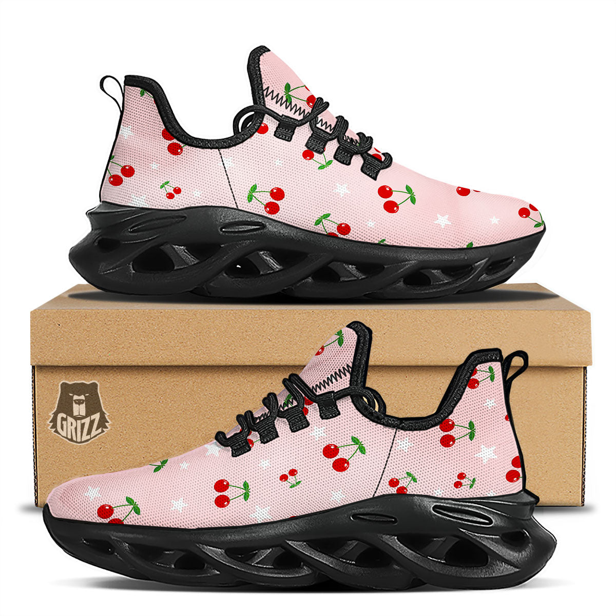Cherry Pink Print Pattern Black Running Shoes-grizzshop