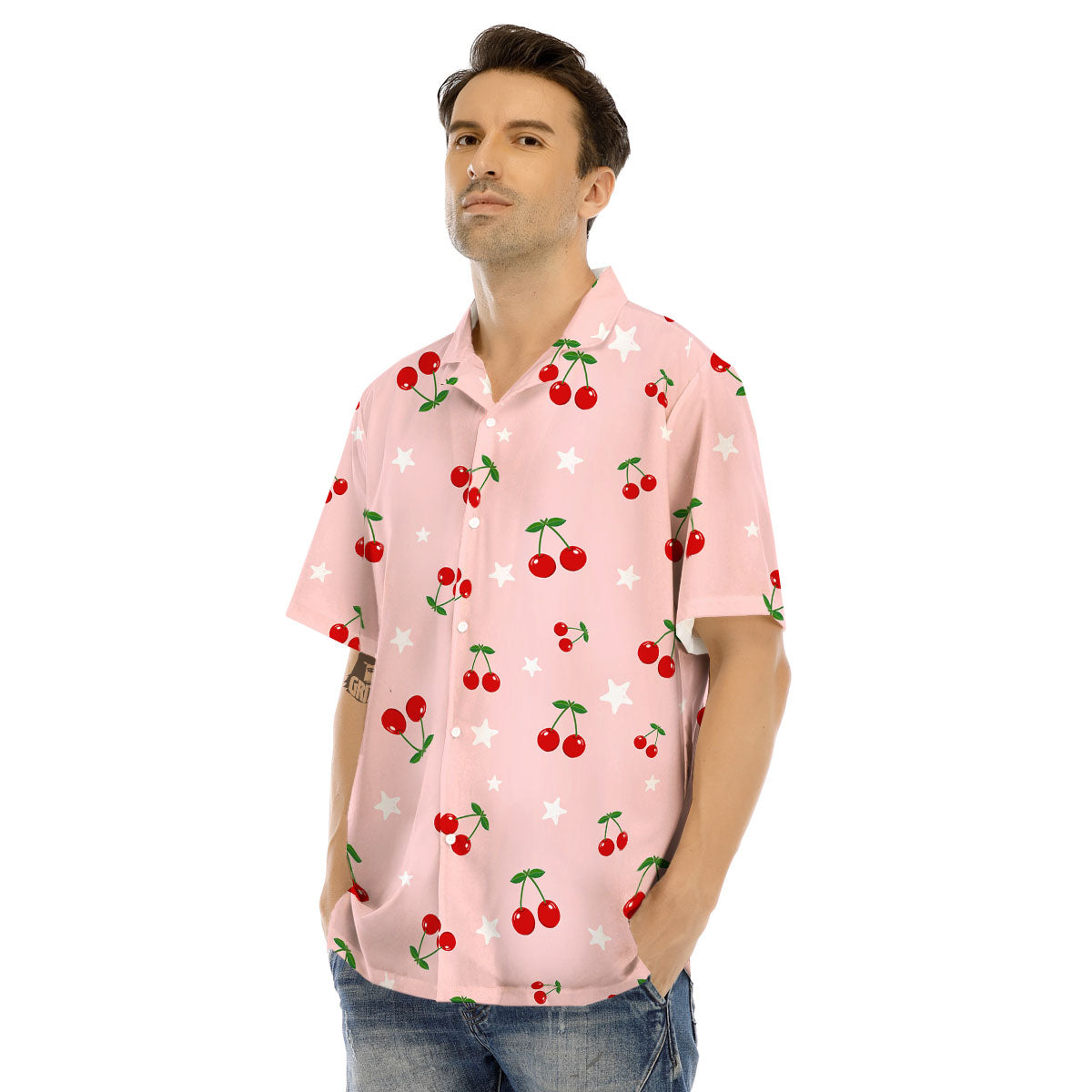 Cherry Pink Print Pattern Men's Hawaiian Shirt-grizzshop