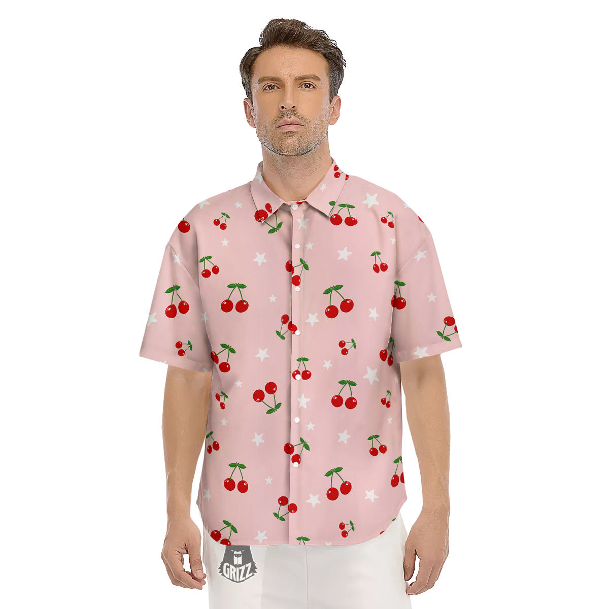 Cherry Pink Print Pattern Men's Short Sleeve Shirts-grizzshop