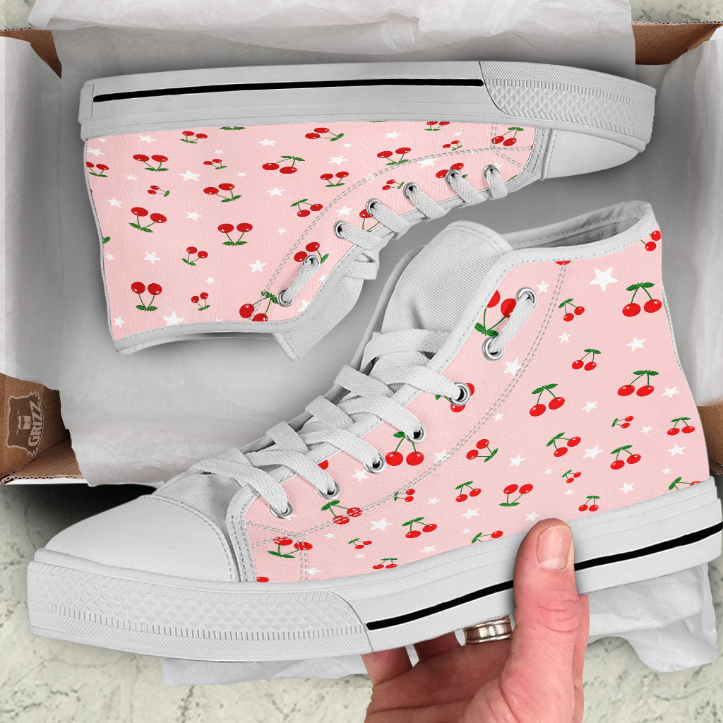 Cherry Pink Print Pattern White High Top Shoes-grizzshop