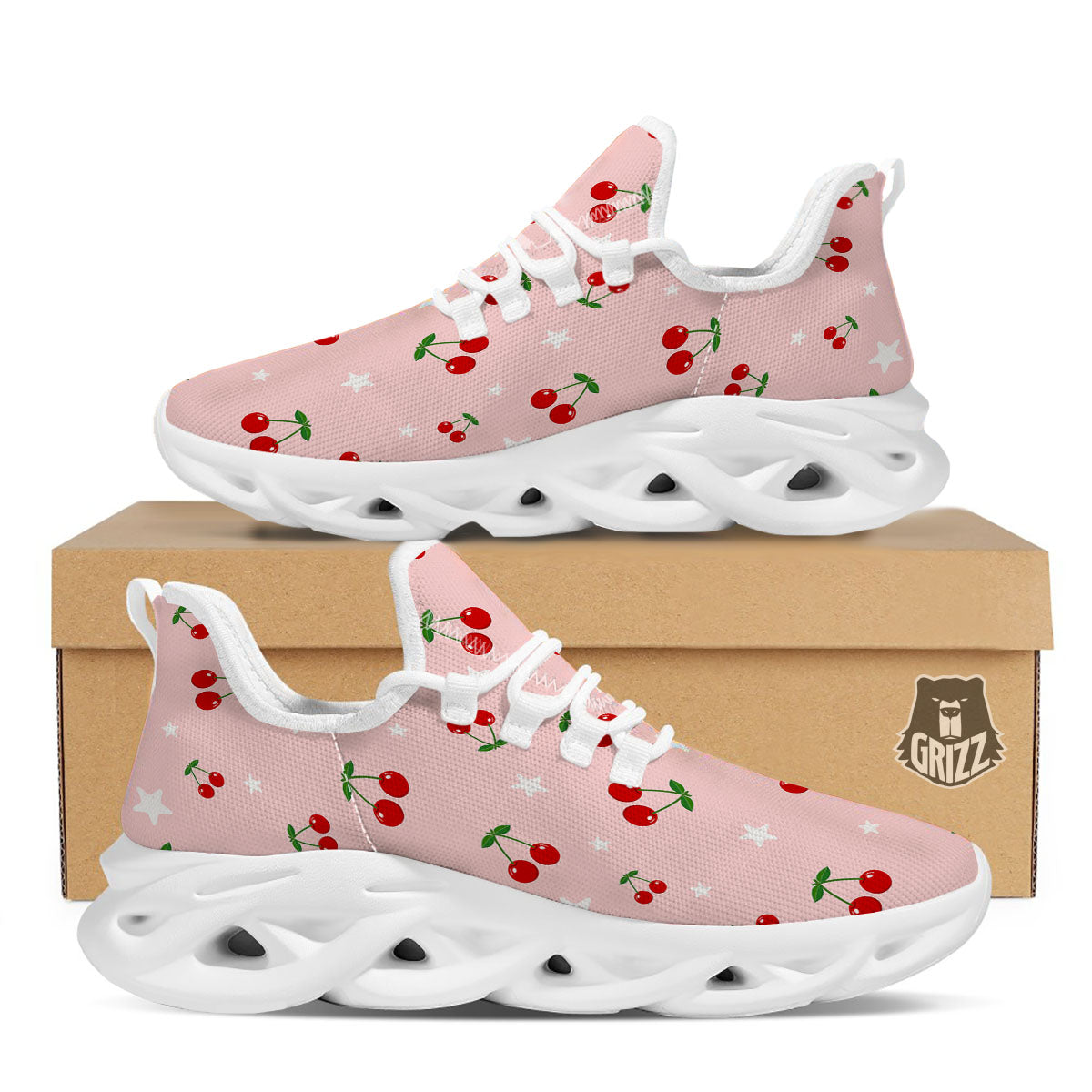Cherry Pink Print Pattern White Running Shoes-grizzshop
