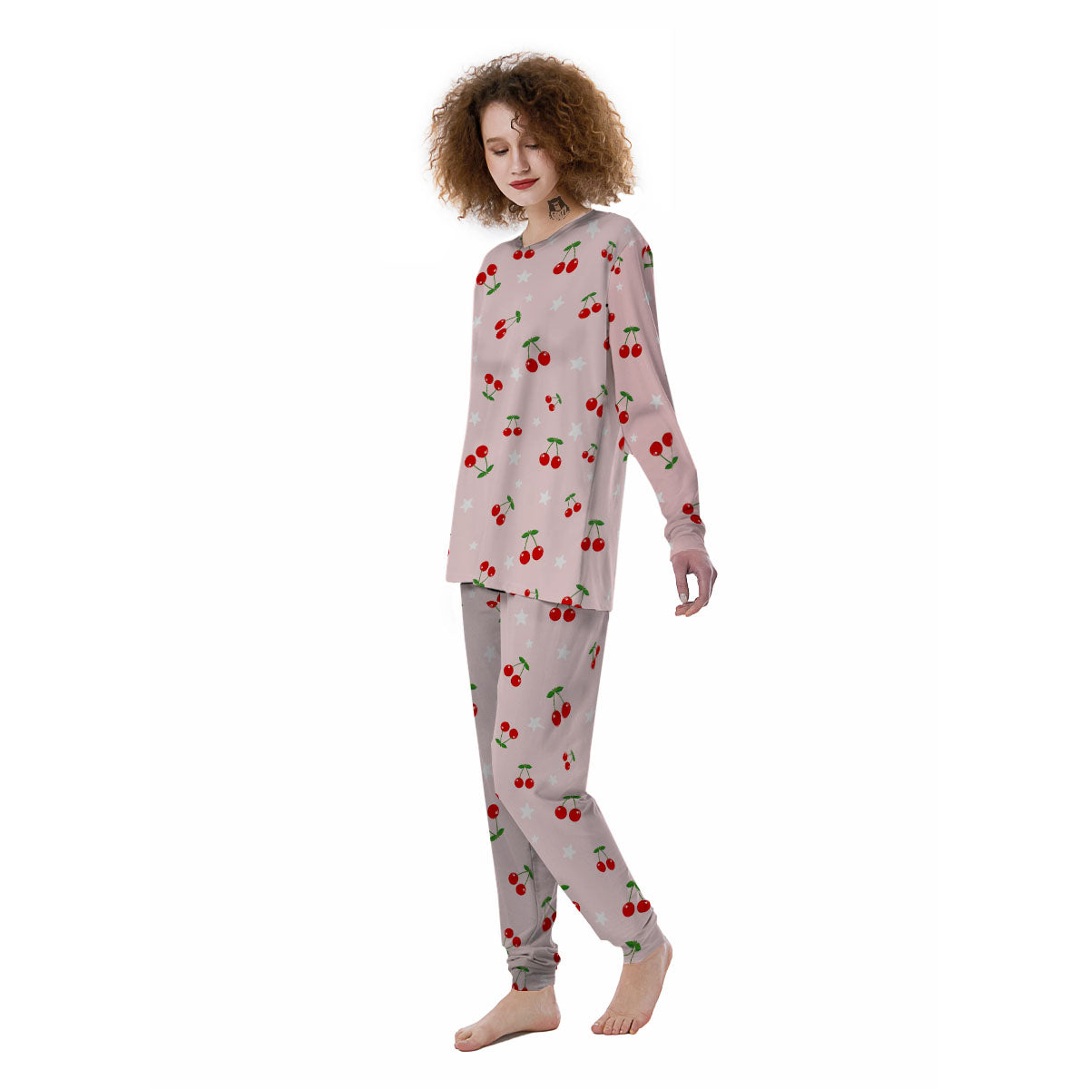 Cherry Pink Print Pattern Women's Pajamas-grizzshop