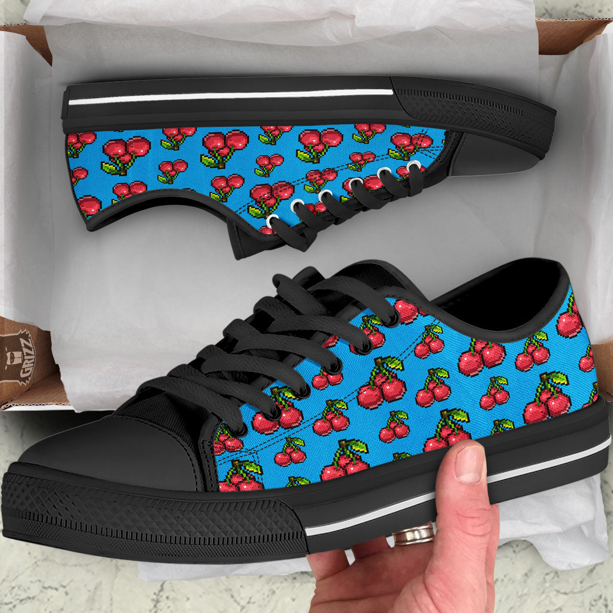 Cherry Pixel Print Pattern Black Low Top Shoes-grizzshop