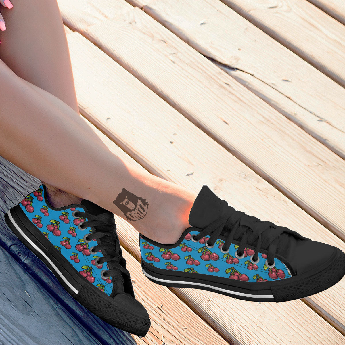 Cherry Pixel Print Pattern Black Low Top Shoes-grizzshop