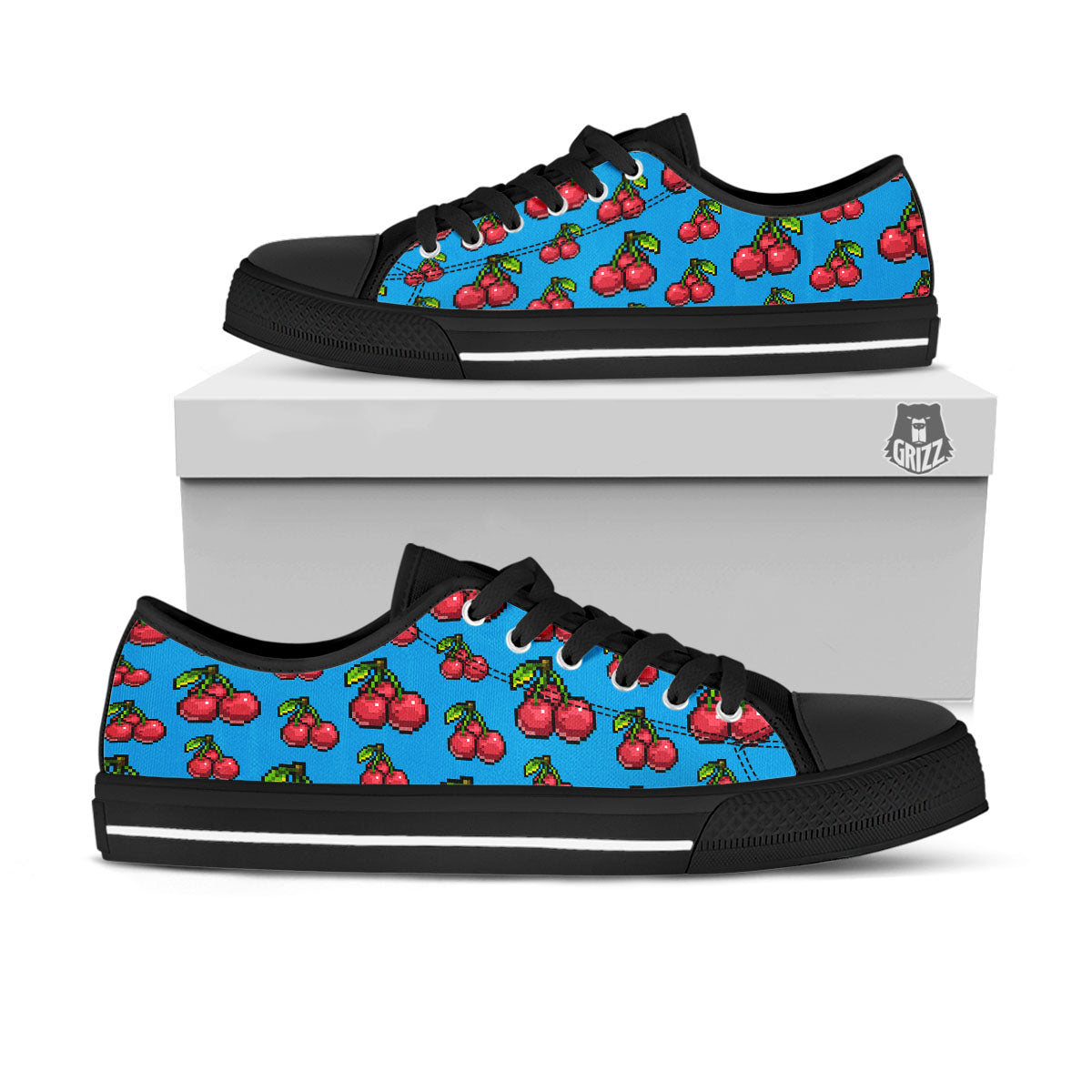 Cherry Pixel Print Pattern Black Low Top Shoes-grizzshop