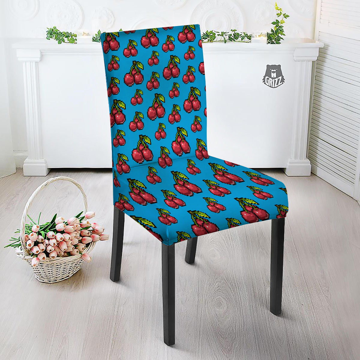 Cherry Pixel Print Pattern Dining Chair Slipcover-grizzshop