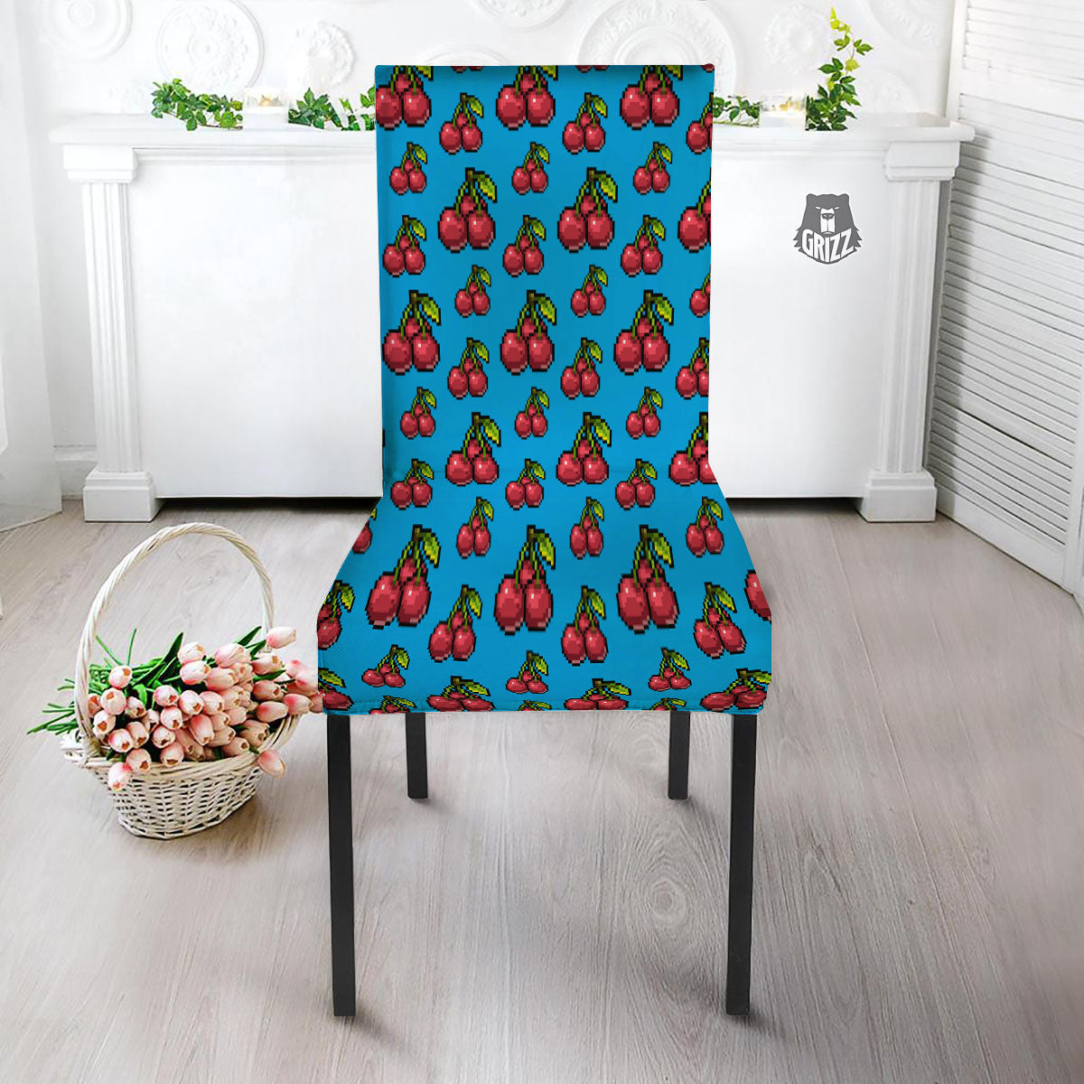 Cherry Pixel Print Pattern Dining Chair Slipcover-grizzshop