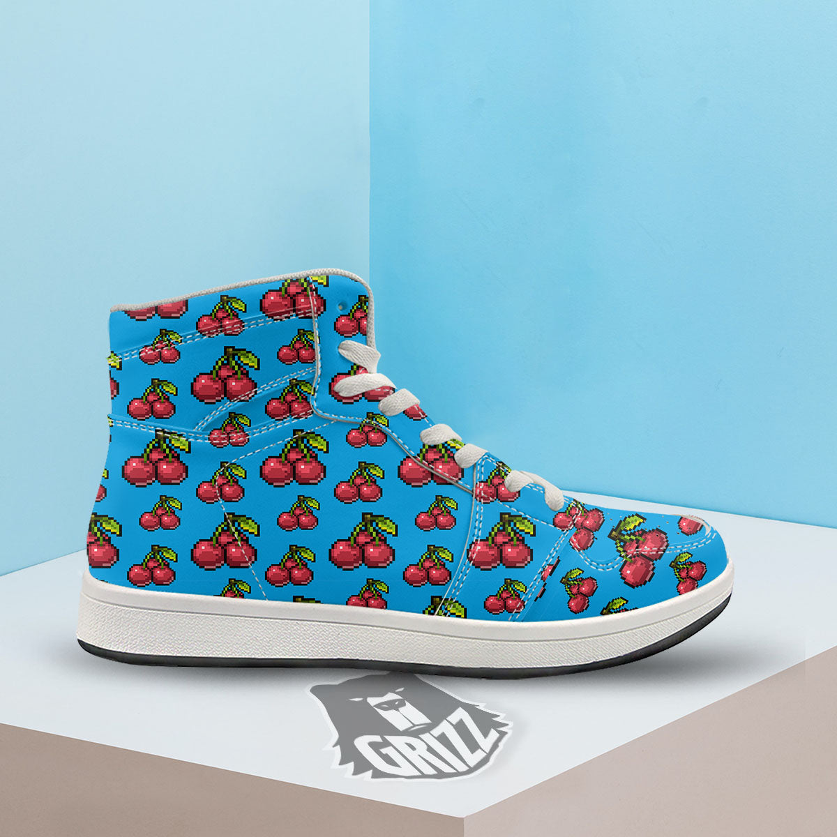 Cherry Pixel Print Pattern High Top Sneakers-grizzshop