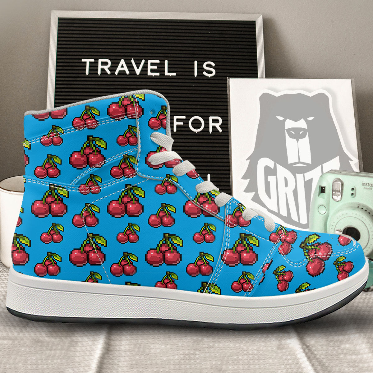 Cherry Pixel Print Pattern High Top Sneakers-grizzshop
