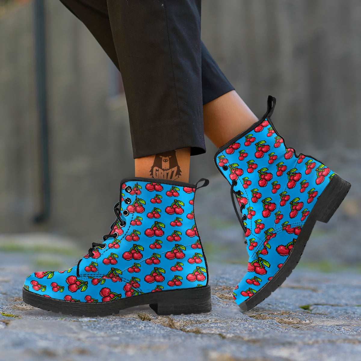 Cherry Pixel Print Pattern Leather Boots-grizzshop
