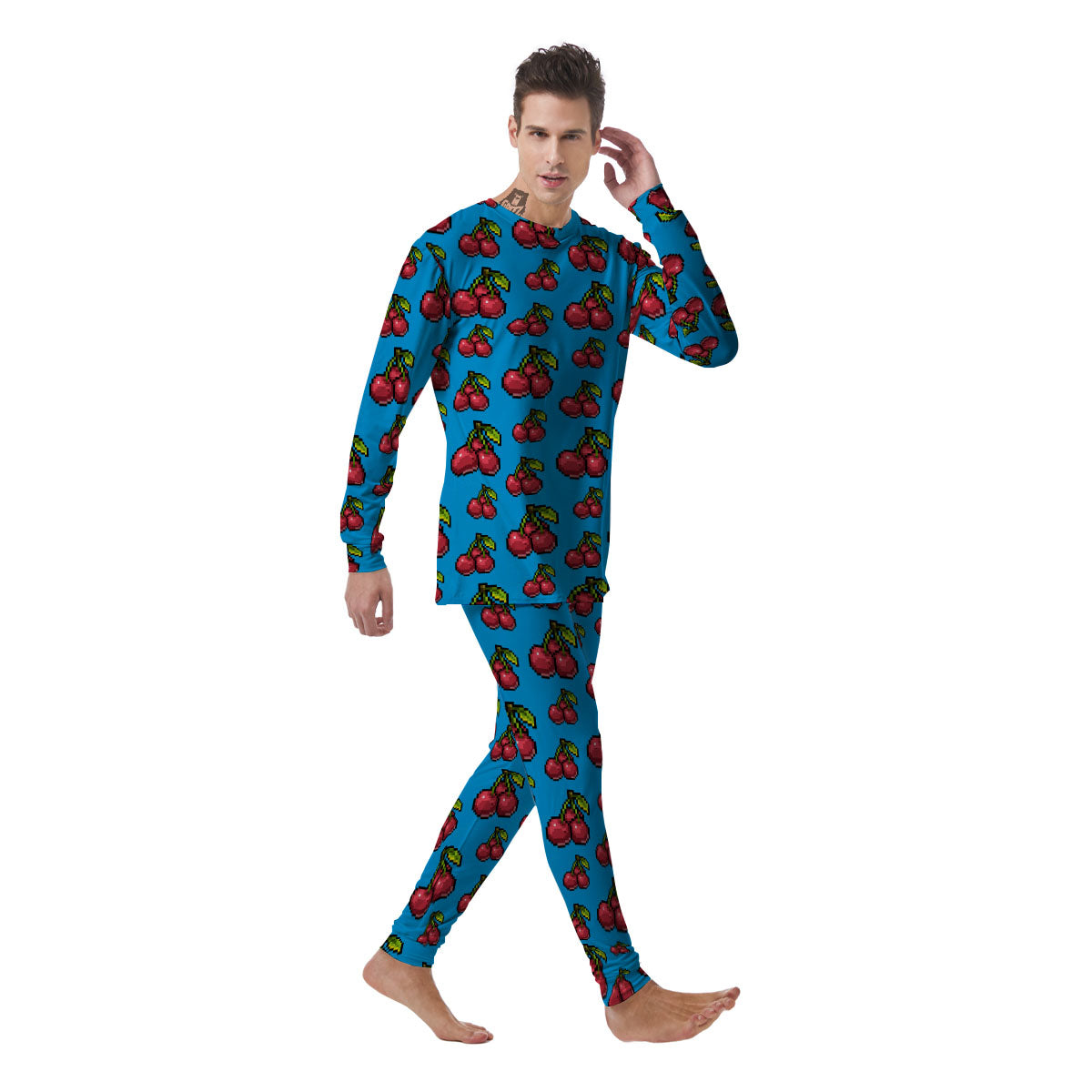 Cherry Pixel Print Pattern Men's Pajamas-grizzshop