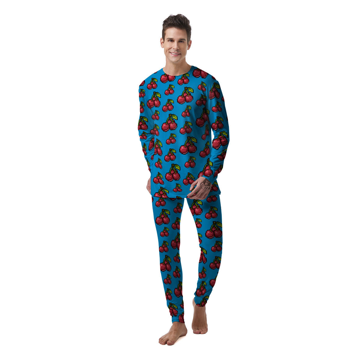 Cherry Pixel Print Pattern Men's Pajamas-grizzshop