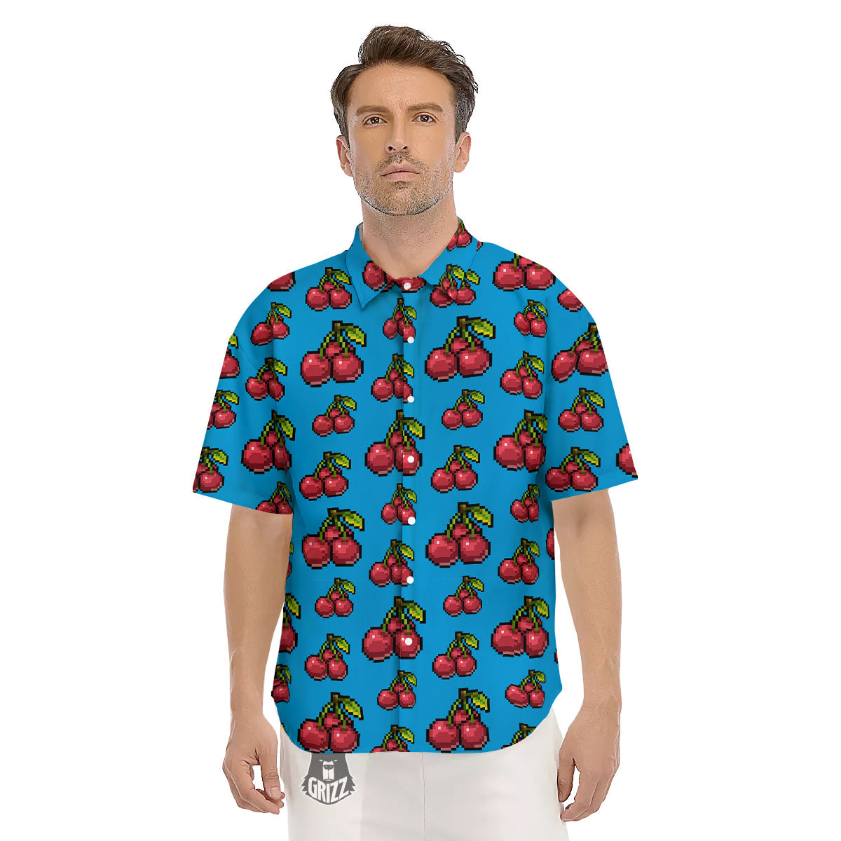 Cherry Pixel Print Pattern Men's Short Sleeve Shirts-grizzshop