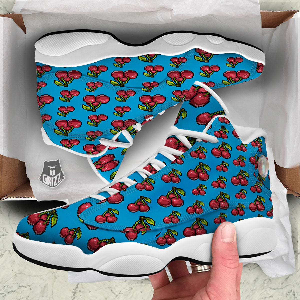 Cherry Pixel Print Pattern White Basketball Shoes-grizzshop