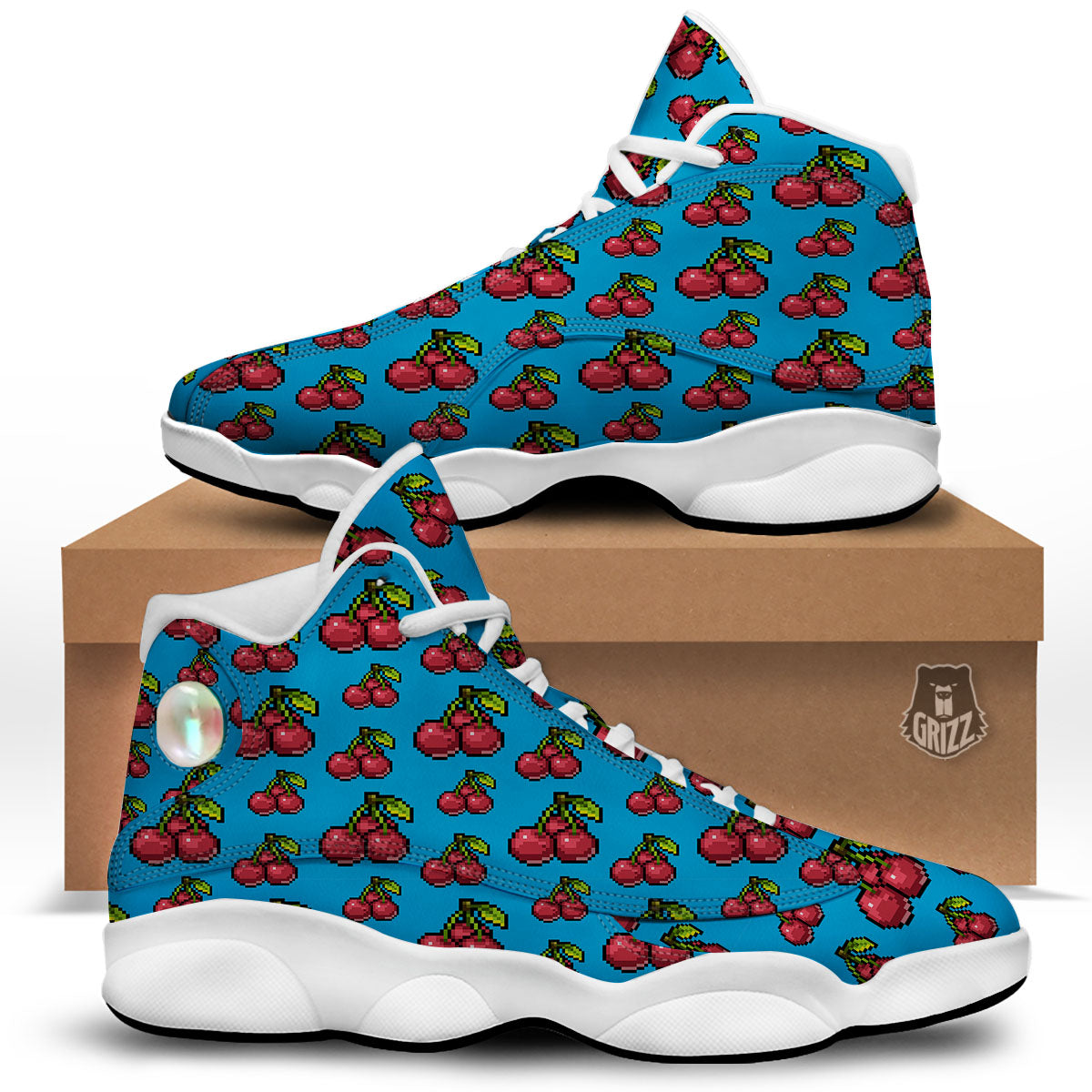 Cherry Pixel Print Pattern White Basketball Shoes-grizzshop