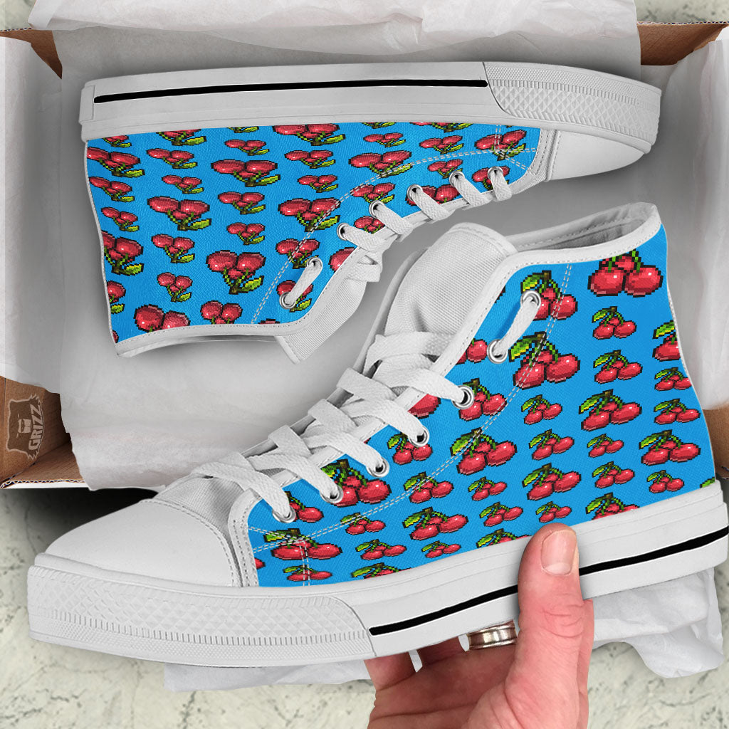 Cherry Pixel Print Pattern White High Top Shoes-grizzshop