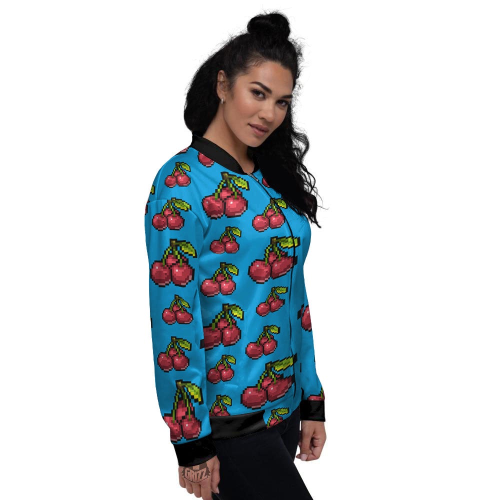 Cherry Pixel Print Pattern Women's Bomber Jacket-grizzshop