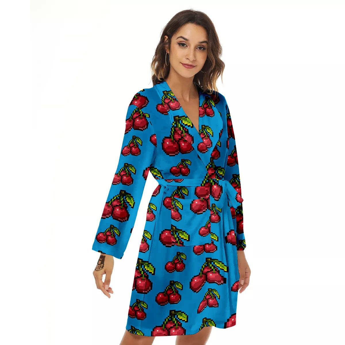 Cherry Pixel Print Pattern Women's Robe-grizzshop