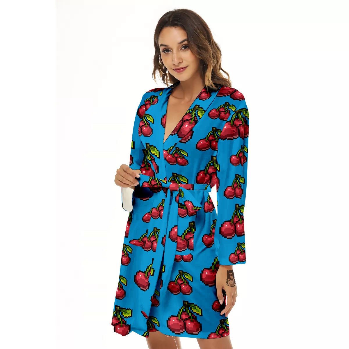 Cherry Pixel Print Pattern Women's Robe-grizzshop