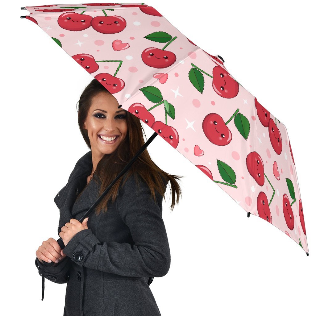 Cherry Print Pattern Automatic Foldable Umbrella-grizzshop