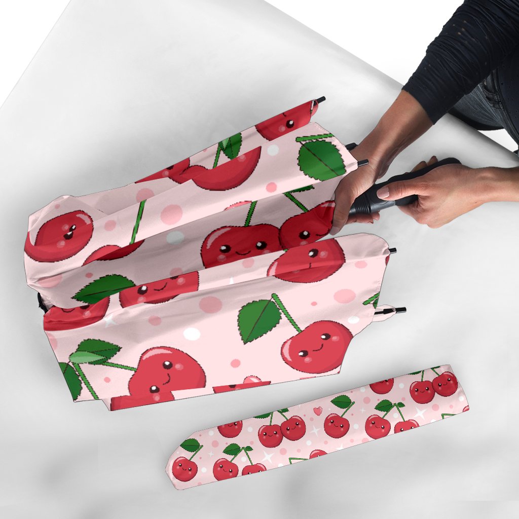 Cherry Print Pattern Automatic Foldable Umbrella-grizzshop