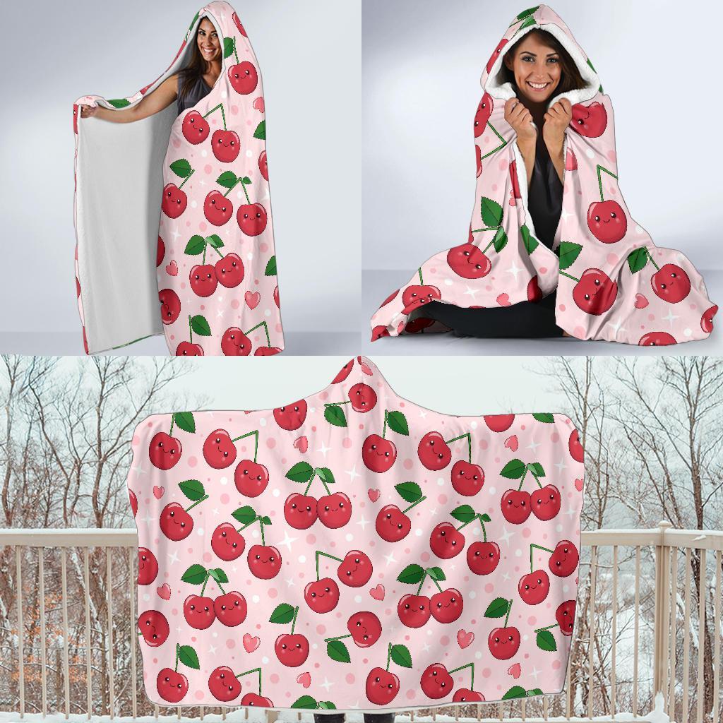 Cherry Print Pattern Hooded Blanket-grizzshop