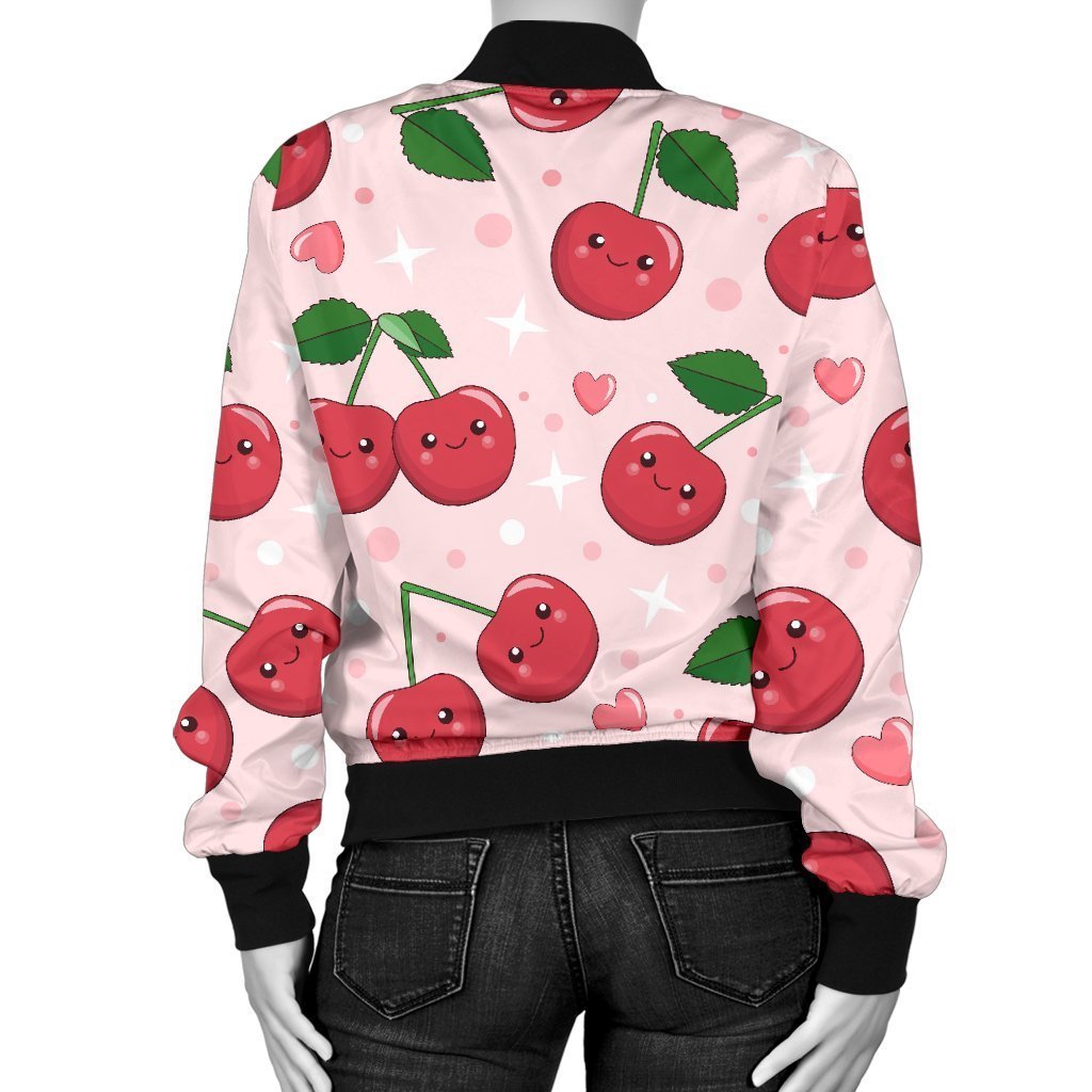 Cherry Print Pattern Women Casual Bomber Jacket-grizzshop