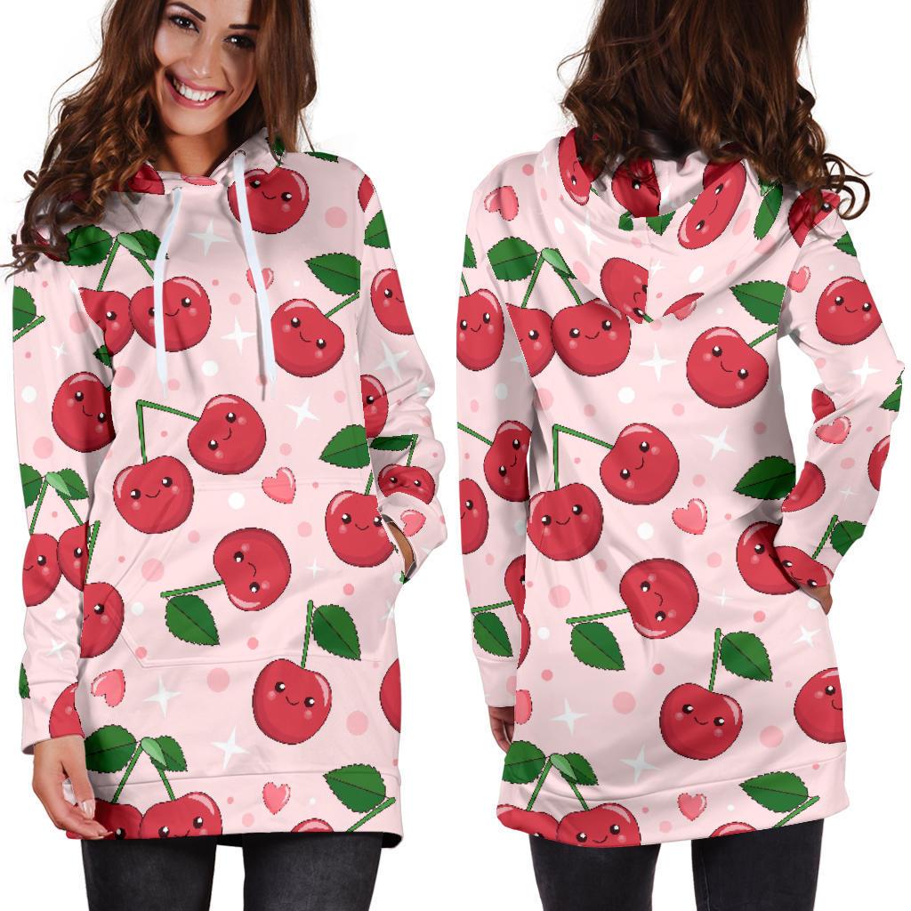 Cherry Print Pattern Women Hoodie Dress-grizzshop