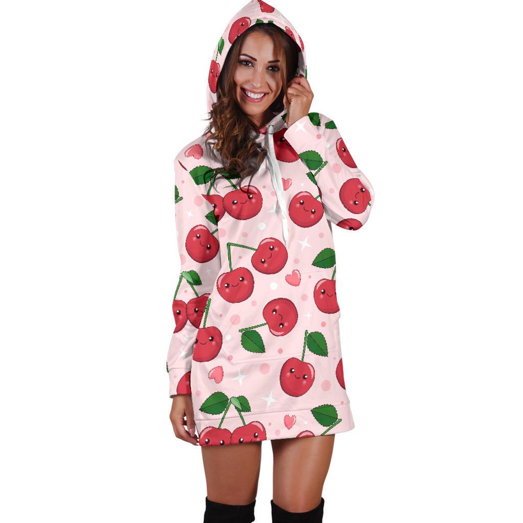 Cherry Print Pattern Women Hoodie Dress-grizzshop