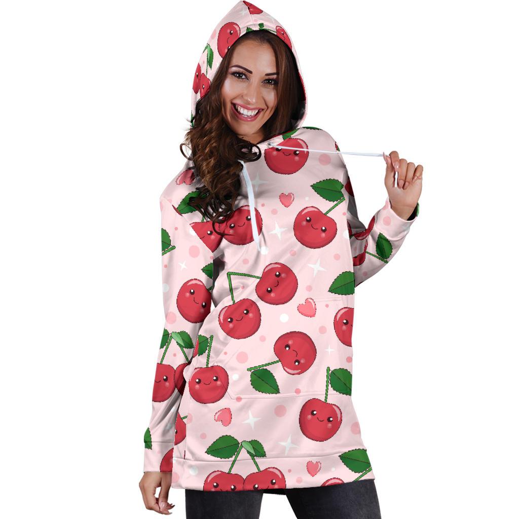 Cherry Print Pattern Women Hoodie Dress-grizzshop