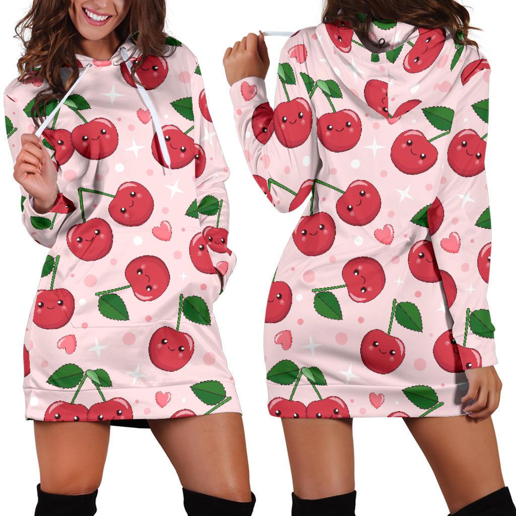 Cherry Print Pattern Women Hoodie Dress-grizzshop