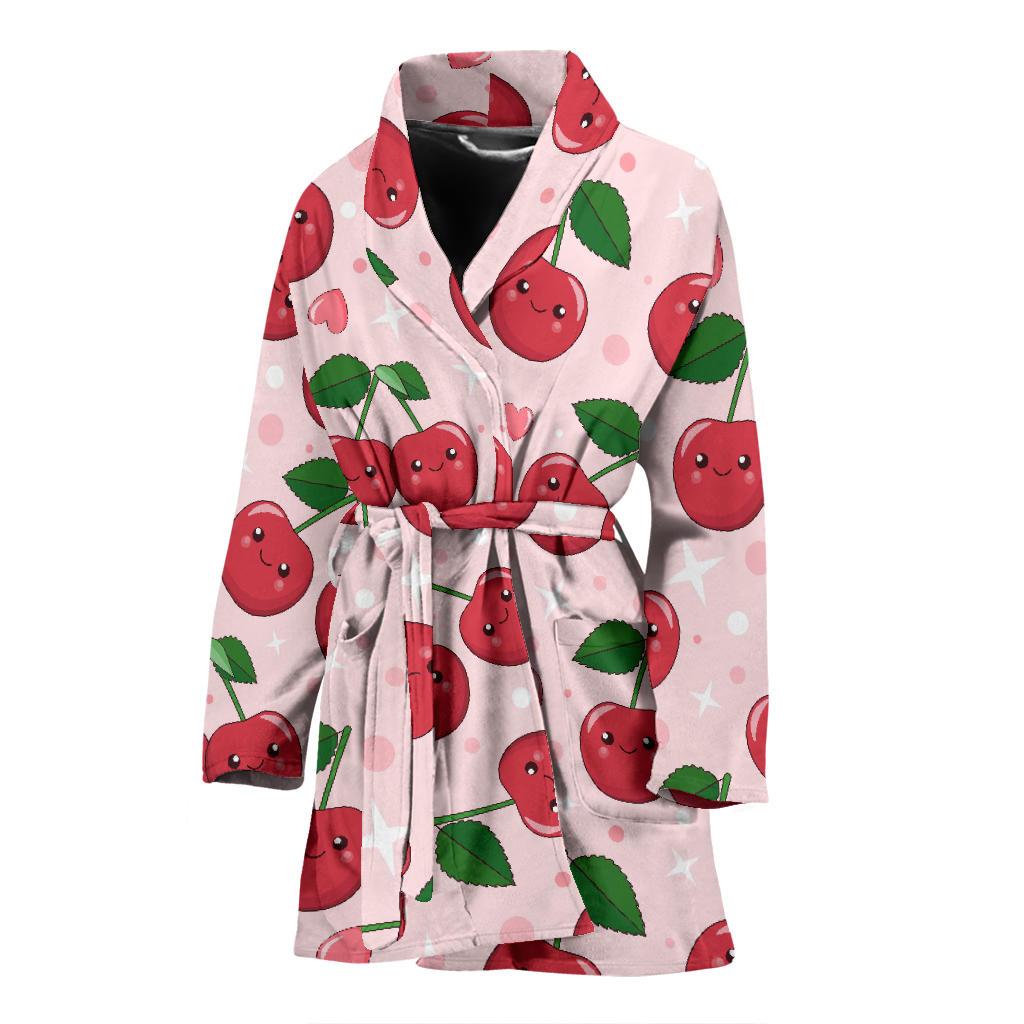 Cherry Print Pattern Women Long Robe-grizzshop