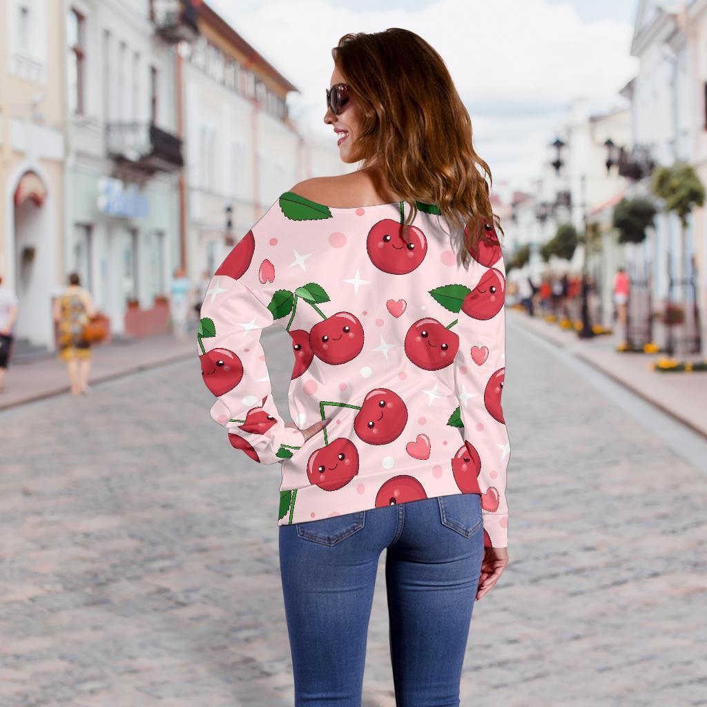 Cherry Print Pattern Women Off Shoulder Sweatshirt-grizzshop