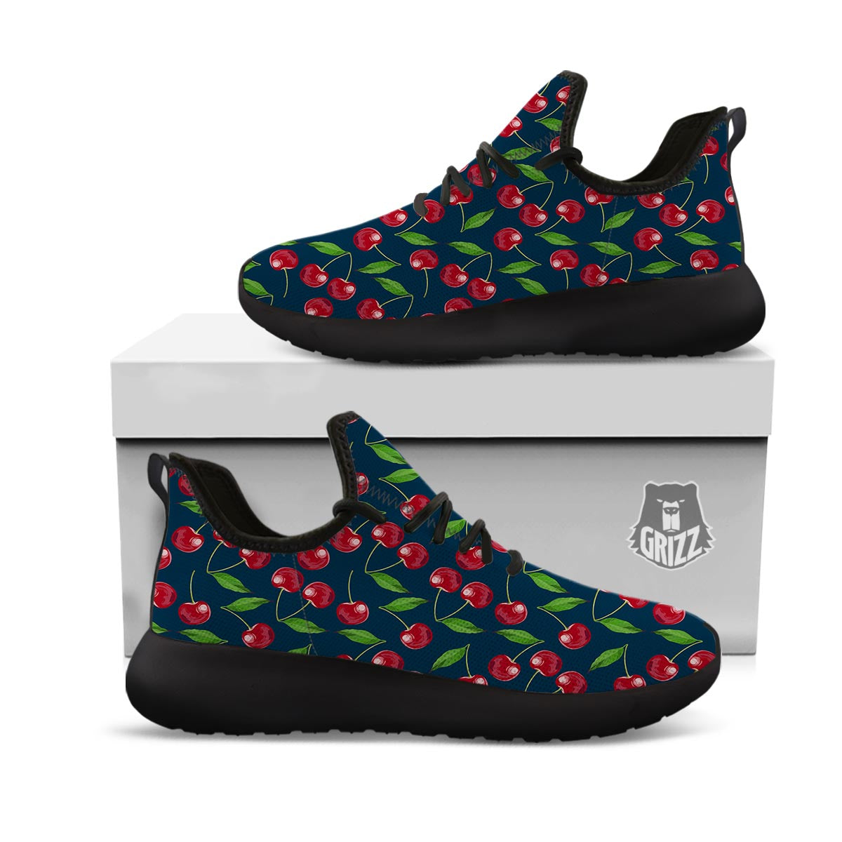 Cherry Red Print Pattern Black Athletic Shoes-grizzshop