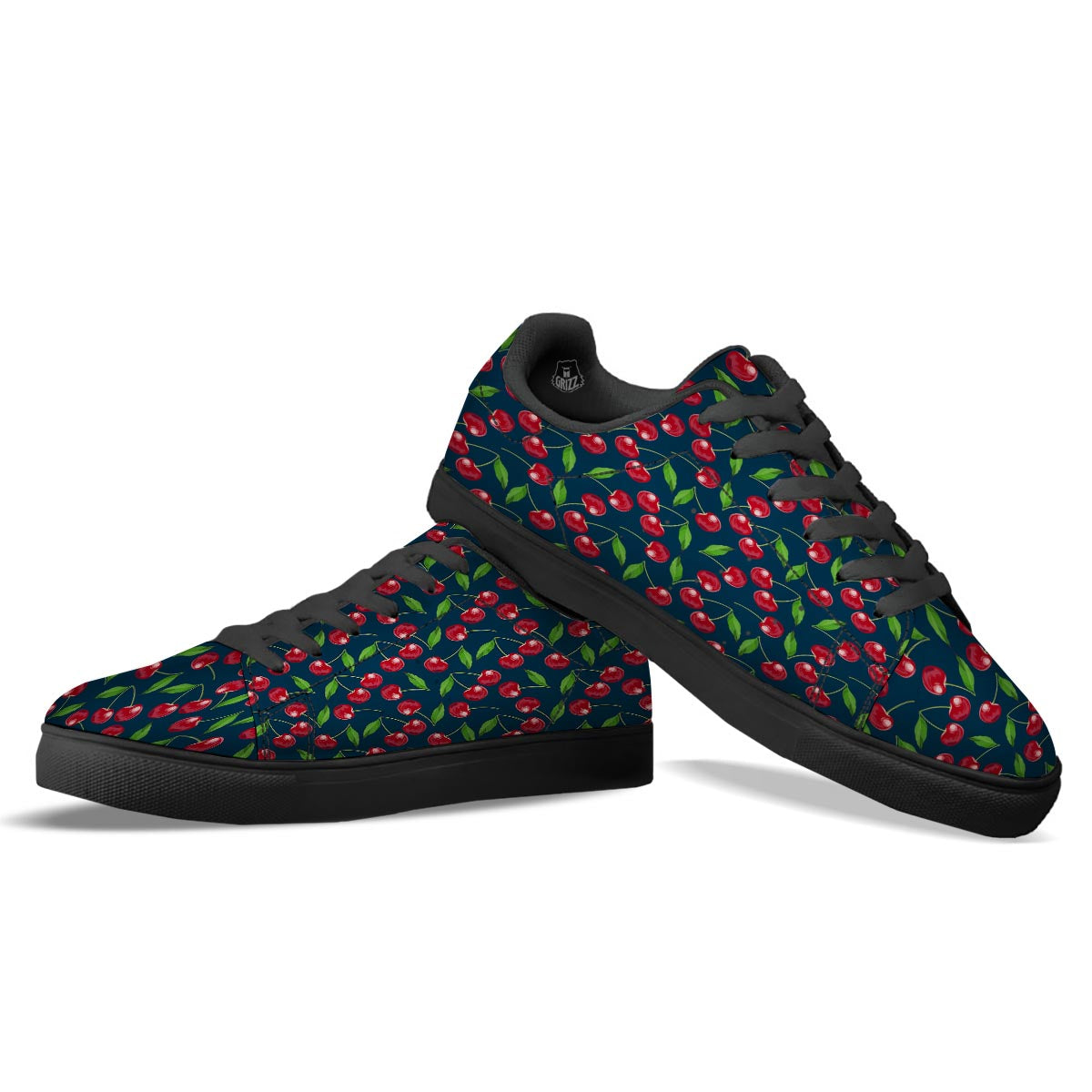 Cherry Red Print Pattern Black Low Top Sneakers-grizzshop