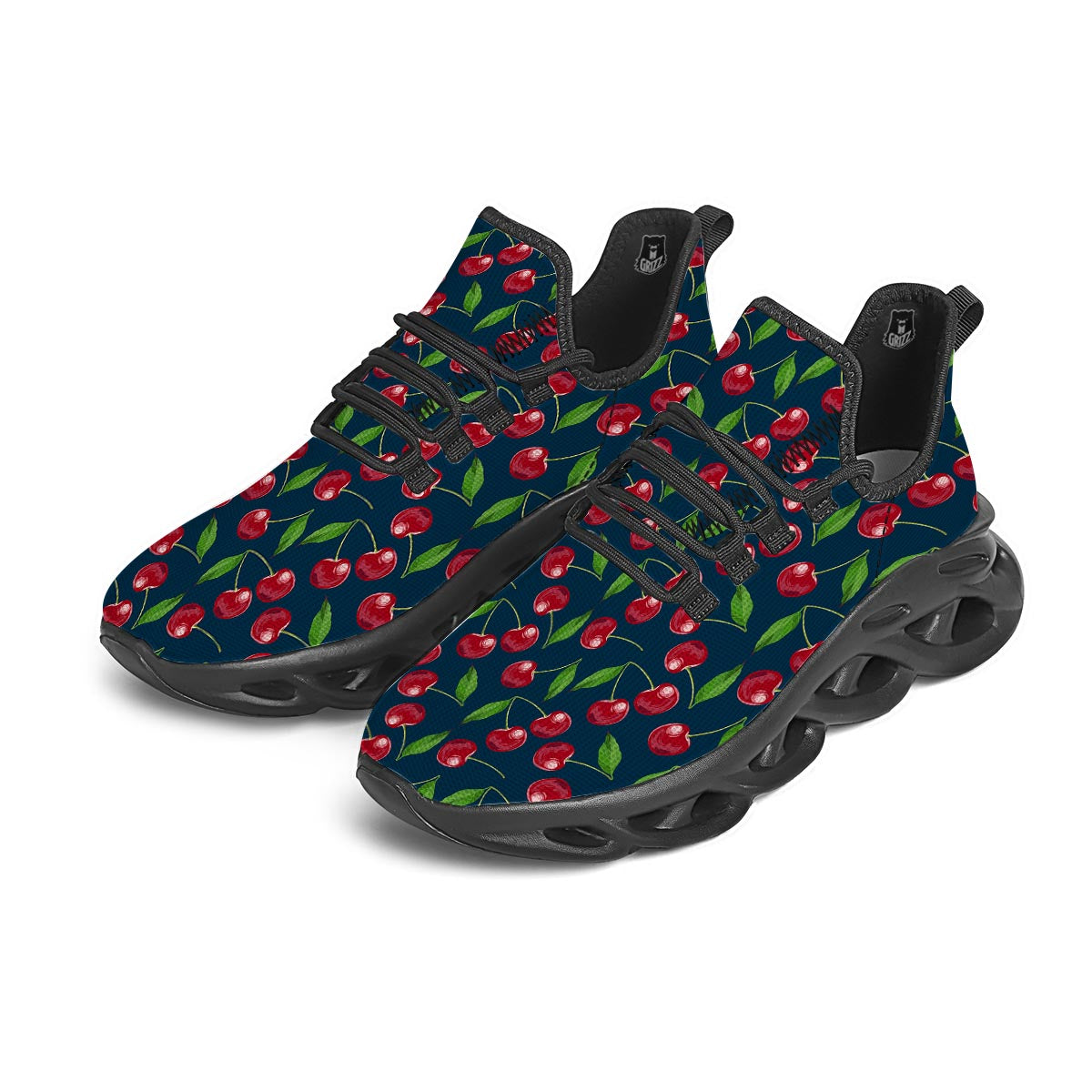 Cherry Red Print Pattern Black Running Shoes-grizzshop