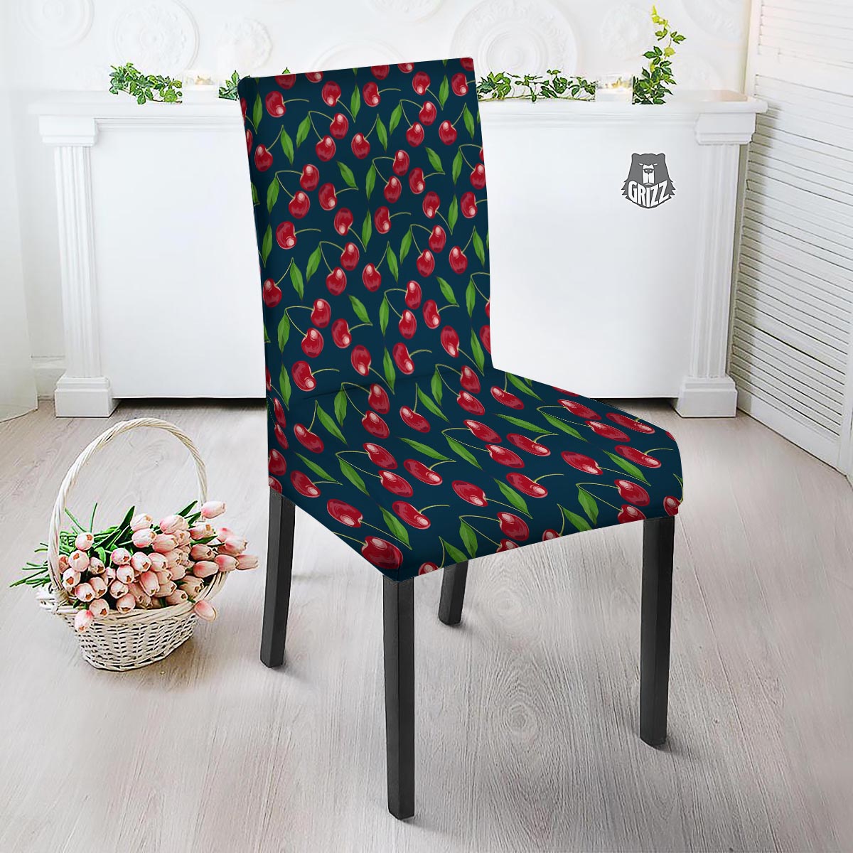 Cherry Red Print Pattern Dining Chair Slipcover-grizzshop