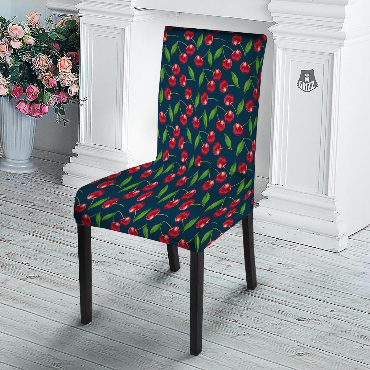 Cherry Red Print Pattern Dining Chair Slipcover-grizzshop