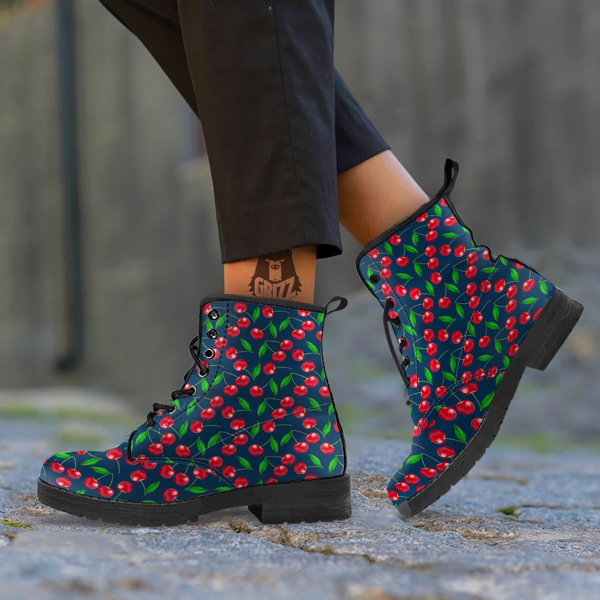 Cherry Red Print Pattern Leather Boots-grizzshop