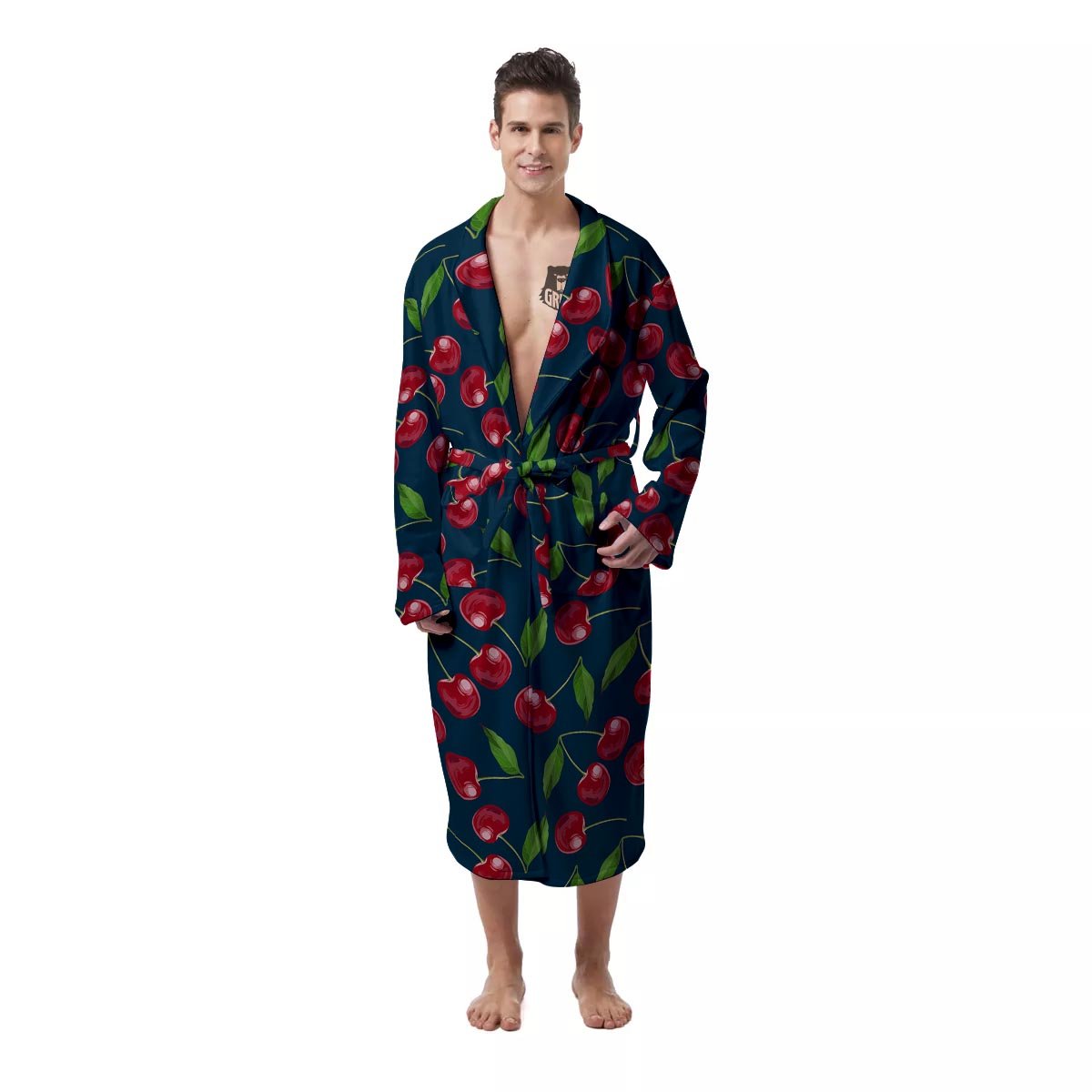 Cherry Red Print Pattern Men's Robe-grizzshop