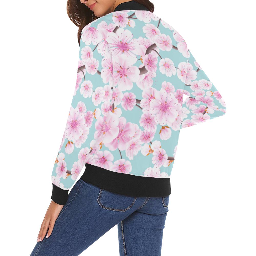 Cherry Blossom Sakura Blue Print Women Casual Bomber Jacket-grizzshop