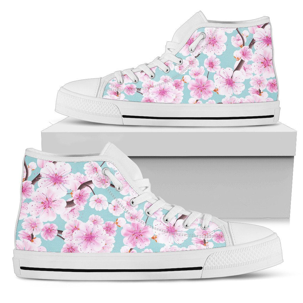 Cherry Blossom Sakura Blue Print Women High Top Canvas Shoes-grizzshop