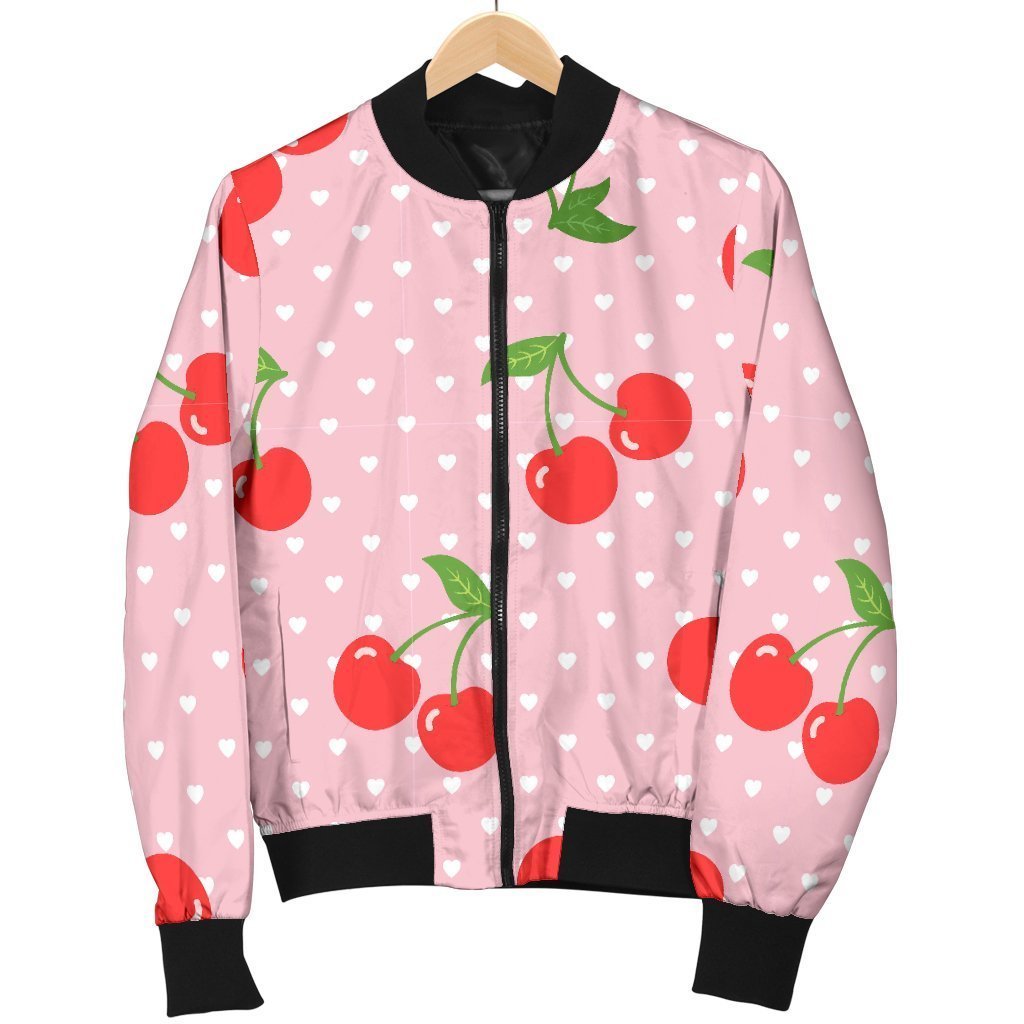 Cherry Heart Dot Pattern Print Women Casual Bomber Jacket-grizzshop